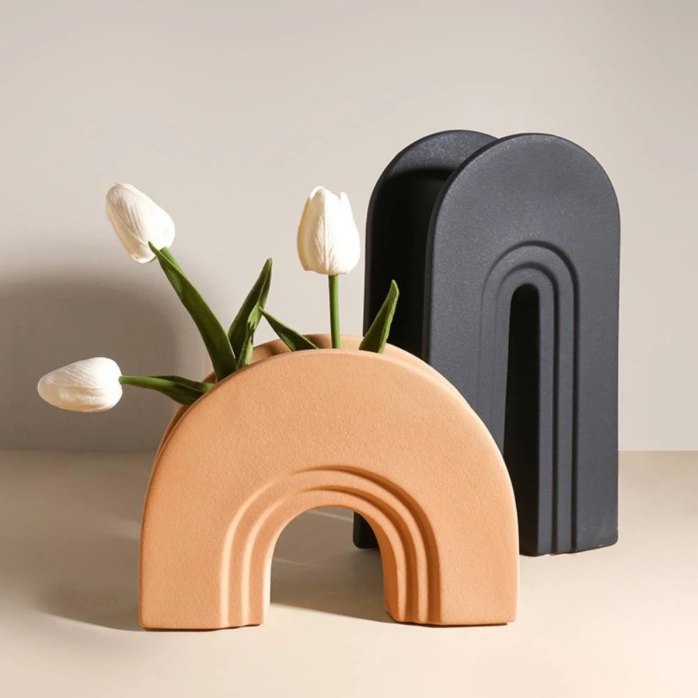 Ceramic Vase Half Round Geometric Stripes Nordic Ceramics Arch Shaped Flower Pot Statue Sculptures Figure Plant Dried Flowerpot Crafts Decoration Bl21986