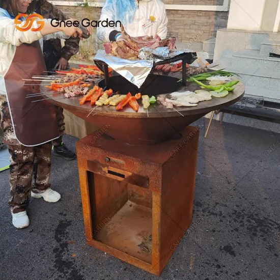 Quemador de leña Corten BBQ Jardín al aire libre con soporte Parrilla de barbacoa a fuego