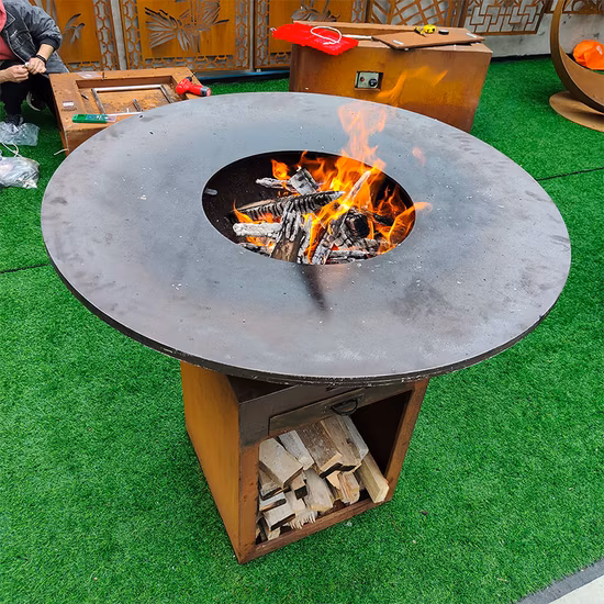 Brasero redondo para jardín, barbacoa al aire libre de metal y acero corten de madera