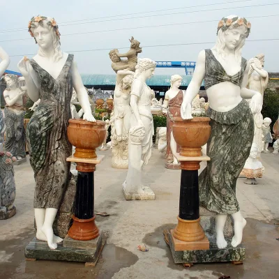 Muebles de piedra de jardín tallado a mano, maceta de mármol sólido natural con estatuas de dama