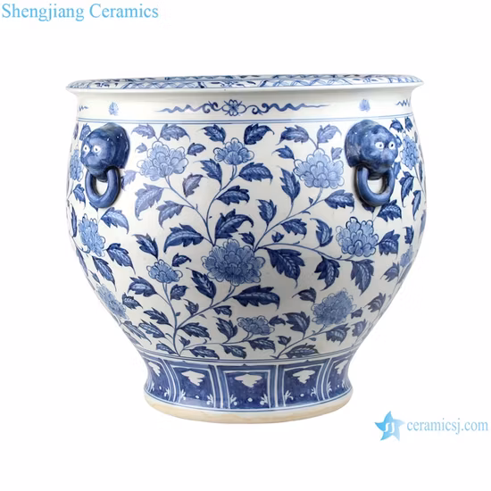 Macetero de porcelana Jingdezhen azul y blanco con cabeza de león, maceta de cerámica para jardín, estanque de peces, China